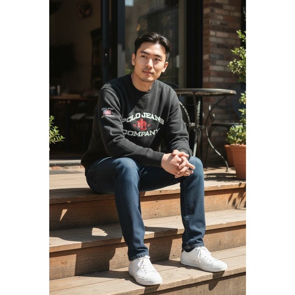Vtg Y2k Polo Jeans Co Ralph Lauren Sweatshirt Large Black USA Flag Patch 1967 - Picture 12 of 12